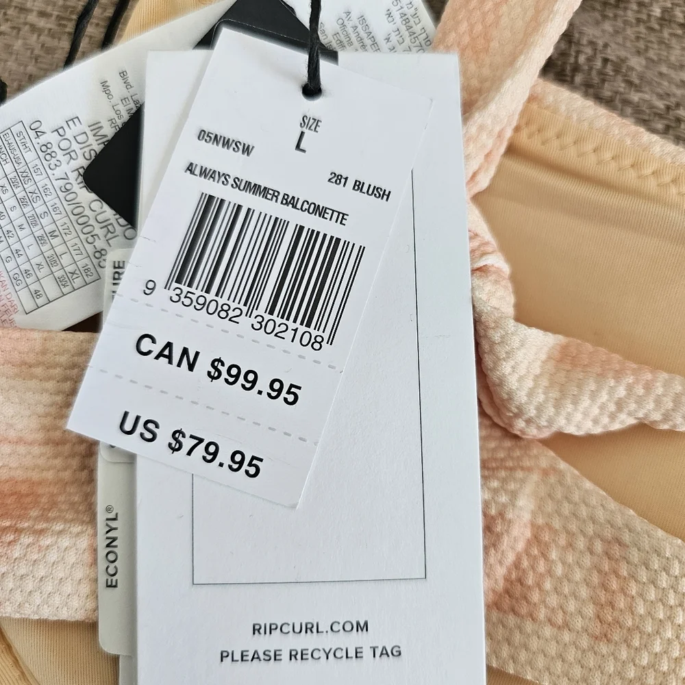 Ripcurl Bikini top Always Summer Blush gingham Large full support 79.00 New Tags